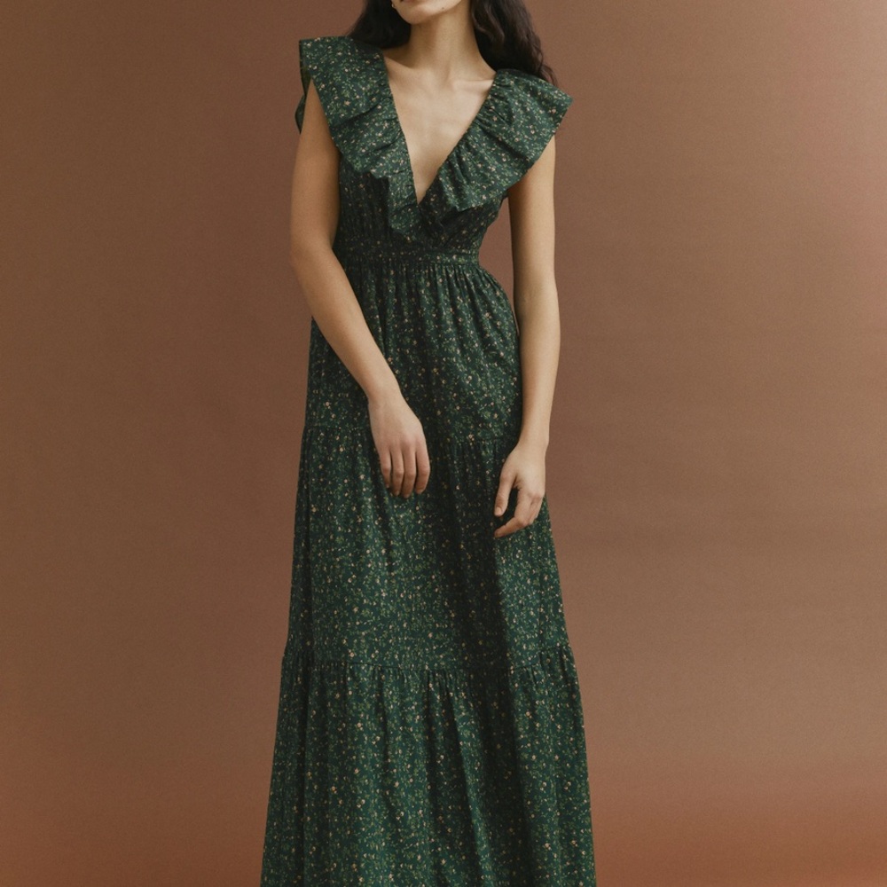 Reformation Dark Green Floral Maxi Dress with V-Neck Ruffle